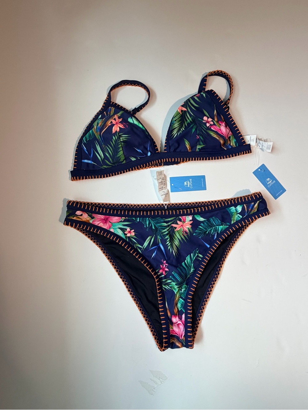 Cupshe Navy Tropical Floral Bikini with Orange Stitching